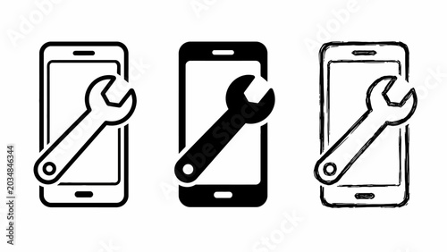 Smartphone repair icons: set of three black and white wrench designs