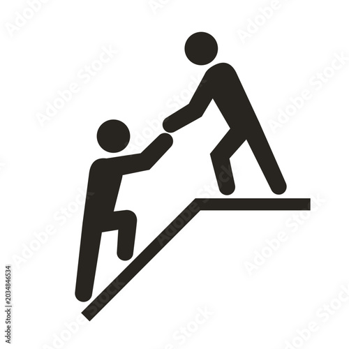 Two stick figures depicting teamwork and assistance, one helping the other climb up a slope, symbolizing support and collaboration.