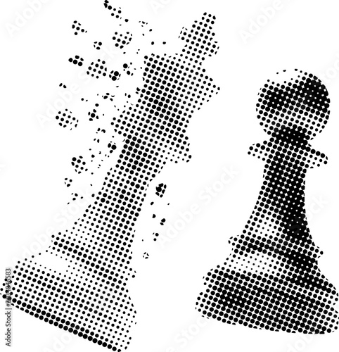 Bild auf Leinwand Halftone chess pieces with disintegrating king and standing pawn on white
