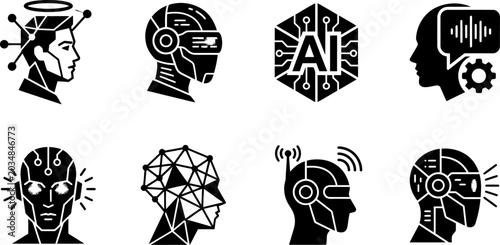 Artificial intelligence robot head icons vector set