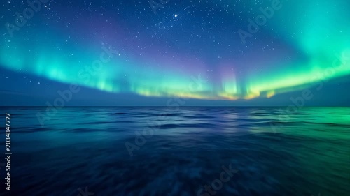 Night sky filled with bright stars and green aurora borealis over dark ocean