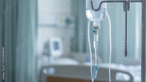 Medical IV drip infusion bag connected to tubing in a hospital room providing patient care