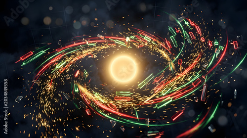 Abstract digital finance artwork with glowing market lines, money-inspired shapes, and futuristic trading energy. AI Generated.