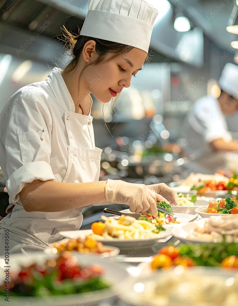 Naklejka premium Chef preparing colorful fresh vegetable pizza in restaurant kitchen.