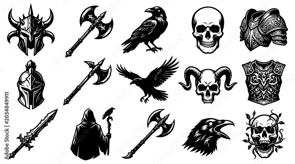 Fototapeta premium Medieval Fantasy Gaming Dark Art Vector Icons: Skulls, Helmets, Axes, Ravens, Armor, Weapons Black White Line Art