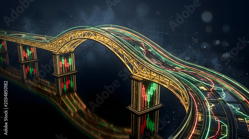 Abstract digital finance artwork with glowing market lines, money-inspired shapes, and futuristic trading energy. AI Generated.