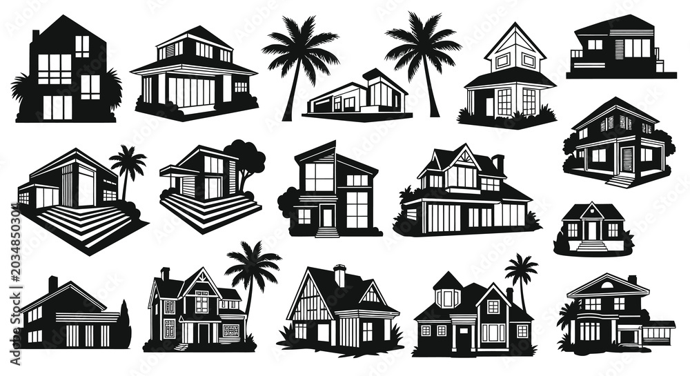 Fototapeta premium Black White Glyph Icons of Modern Traditional Houses, Real Estate