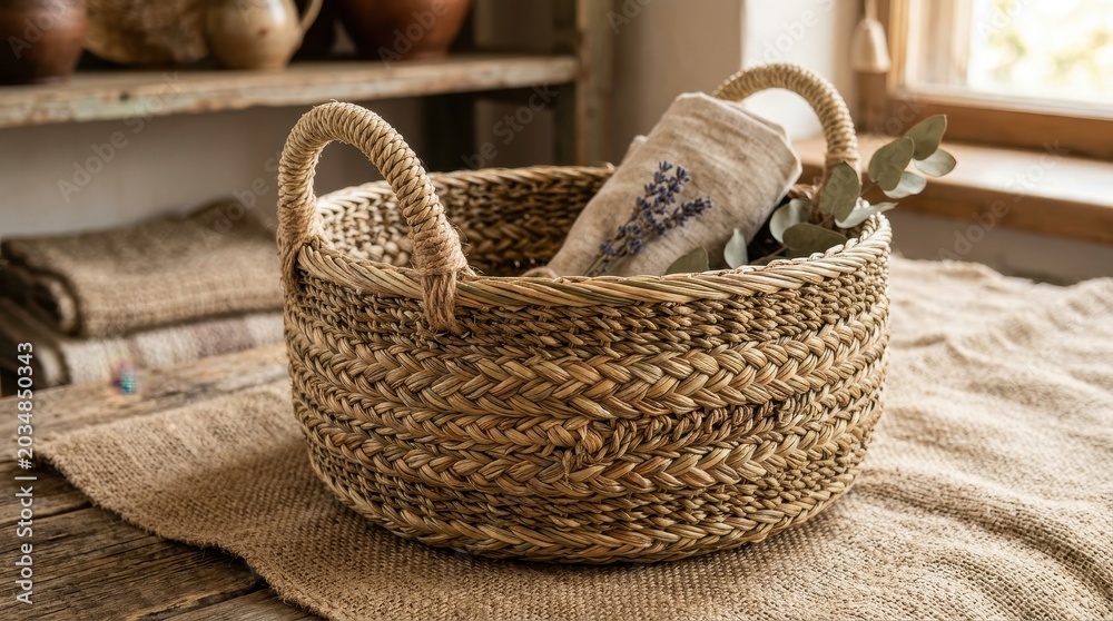 Obraz premium Natural Wicker Basket with Lavender Roll and Greenery Accent