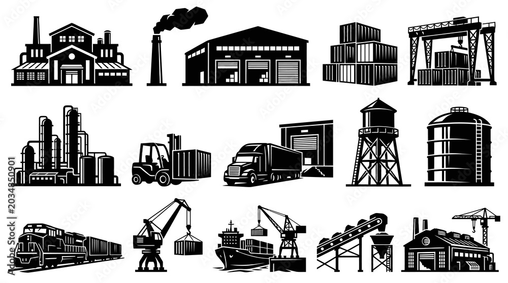 Obraz premium Industrial Icons: Factory, Crane, Train, Ship, Warehouse, Trucks, Containers, Black White
