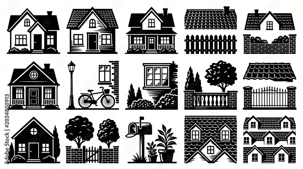 Fototapeta premium Architectural Home Design Vintage Woodcut Illustration Set: Houses, Roofs, Fences, Gardens, and Property Elements