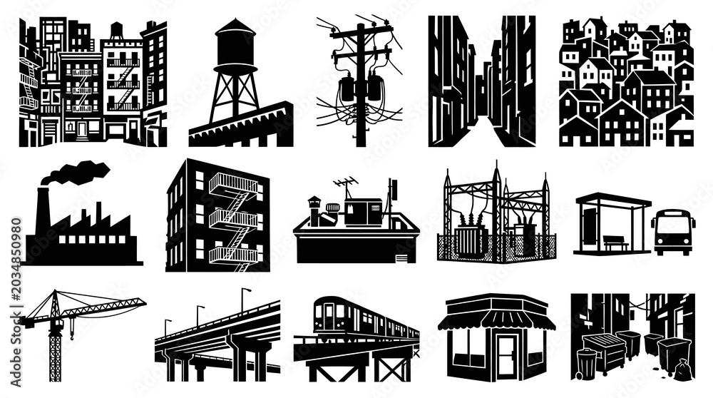Obraz premium Urban Cityscape Icons: Buildings, Transportation, Industry, Infrastructure, Black White Glyphs