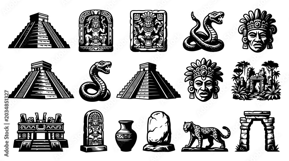 Obraz premium Black White Engraving Style Mesoamerican Ancient Civilization Icons Set with Pyramids, Masks Serpent