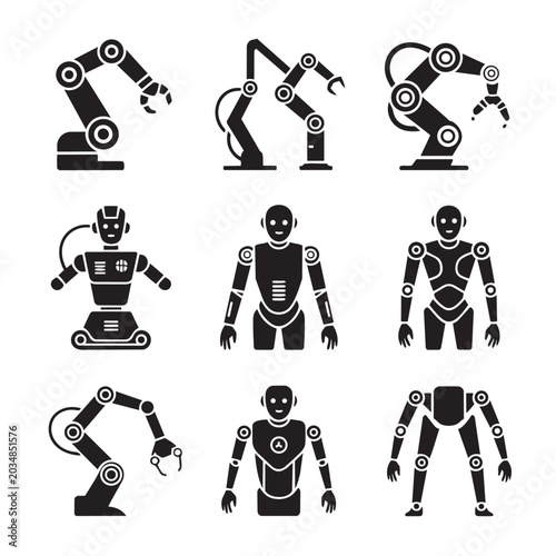 Set of icons featuring robotic arms and humanoid robots robotic arm artificial intelligence