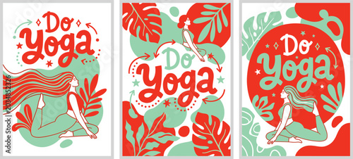 Yoga poster collection with hand drawn lettering, fitness woman in asana, tropical leaf eps set isolated on White Background