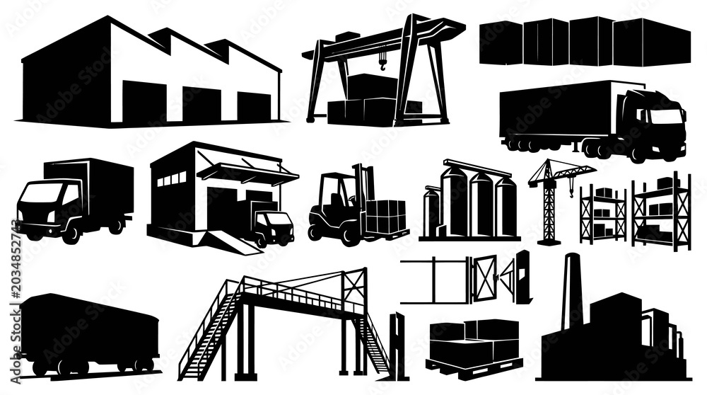 Obraz premium Black and White Industrial Logistics Silhouette Icons Set: Factory, Truck, Crane, Warehouse Elements