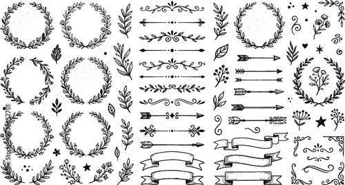 Floral ornaments and decorative arrows black and white vector illustration