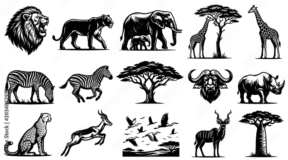 Obraz premium African Wildlife Vector Icons Set: Animals, Trees, Safari Scene - Black and White