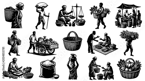 Black  White Line Art of Indian Farmers Selling Produce at Market