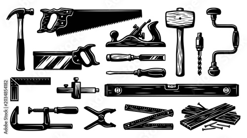 Vintage Black and White Woodcut Style Hand Tools for Woodworking and Carpentry Vector Collection
