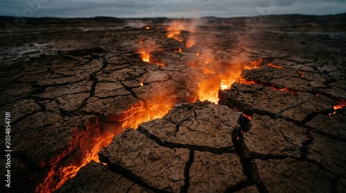 Fiery Fissures in Cracked Earth Revealing Glowing Molten Lava