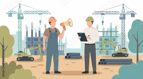 Quadro su tela Construction site communication between foreman and manager with heavy machinery
