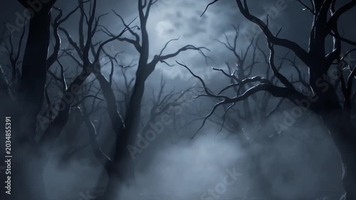 A dark and eerie forest at night, with bare trees silhouetted against a misty, moonlit sky.