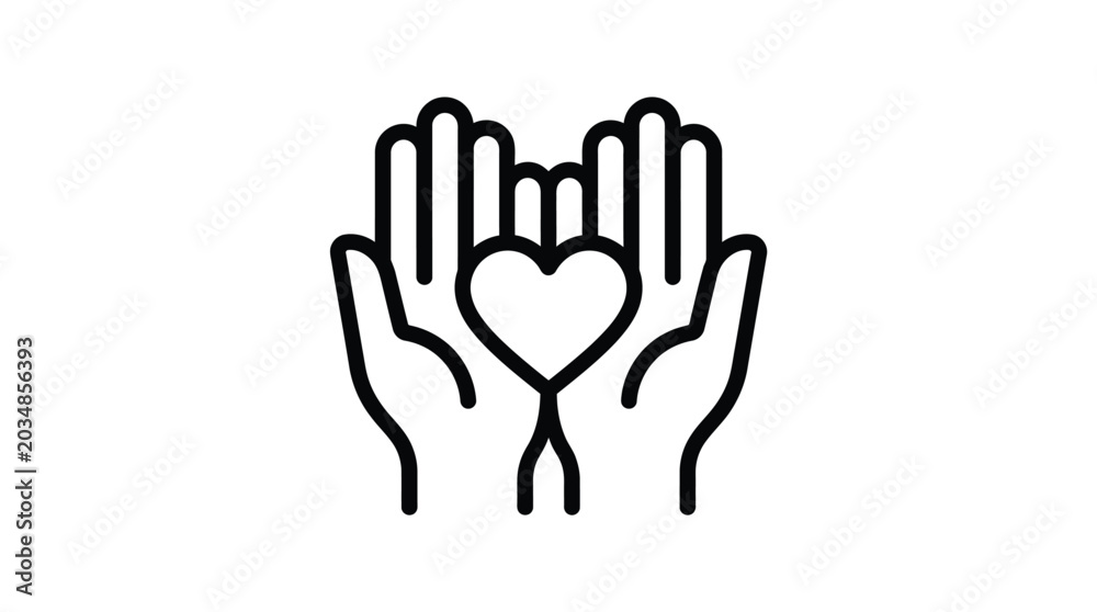 Fototapeta premium Simple line art illustration of two open hands cradling a heart symbol, representing care and love