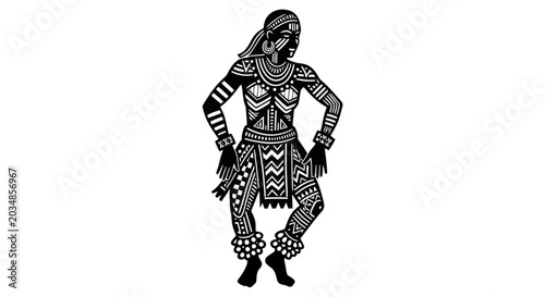 Foto African Tribal Woman Dancer Silhouette, Traditional Pattern Body Art