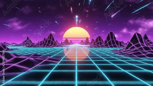 Retro Futuristic Grid Landscape with Sun and Meteors