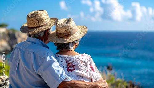 Pareja mayor sentada frente al mar con sombreros de paja disfrutando de unas vacaciones tranquilas