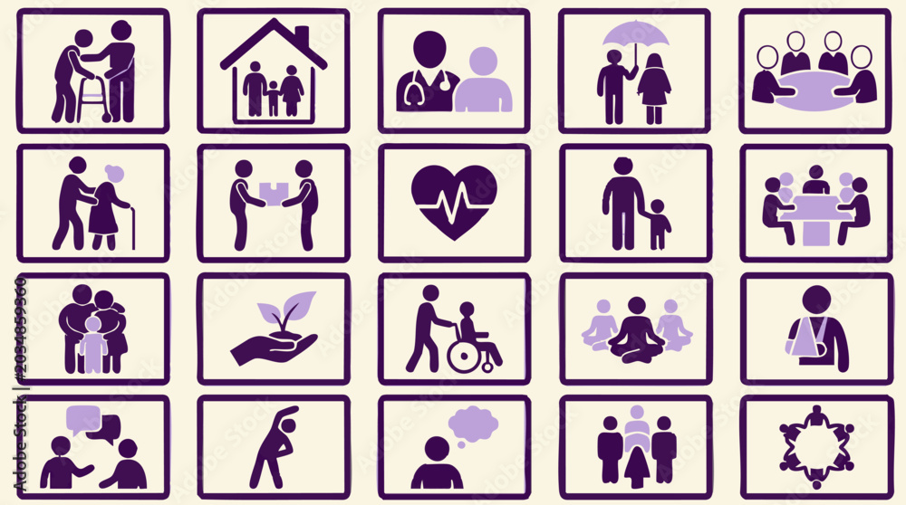 Fototapeta premium Social Care, Healthcare, and Community Support Icon Set