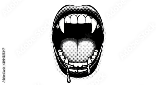 Foto Open Mouth Vampire Fangs Dripping Saliva Halftone Style