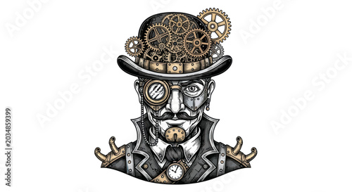 Bild auf Leinwand Steampunk man portrait with gears, monocle, and hat