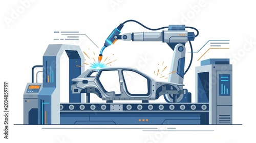 An illustration of an automated car manufacturing assembly line with a robotic arm welding a car chassis.