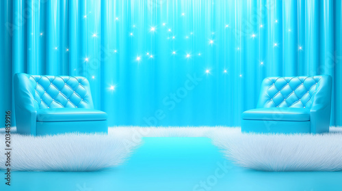 Two blue tufted armchairs on fluffy white clouds against magic curtain studio background with bokeh lights