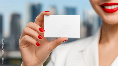 Businesswoman holding blank white business card close up with red lips and manicure on city background