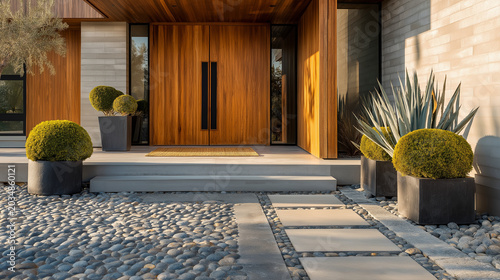 Modern luxury villa entrance with elegant double wooden front door and beautiful minimalist landscaping