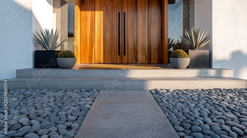 Luxury modern house entrance with elegant wooden front door and minimalist stone landscaping