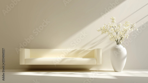Minimalist modern sofa next to ceramic vase with white flowers in sunlit beige interior background