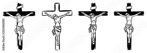 Fotografie Jesus Christ crucifixion illustrations with religious holy cross figures in sket