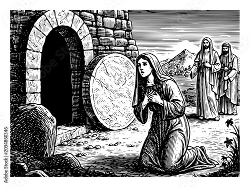 Foto resurrection empty tomb of jesus with kneeling mary magdalene engraving style