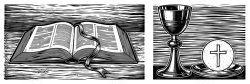 Cuadro en lienzo Holy Bible and communion chalice with host on wooden background in vintage woodc