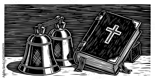 Bilde på lerret Holy Bible book with Christian cross and metal church bells in retro woodcut eng