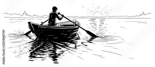 Foto wooden boat rowing man on calm lake at sunset banner sketch