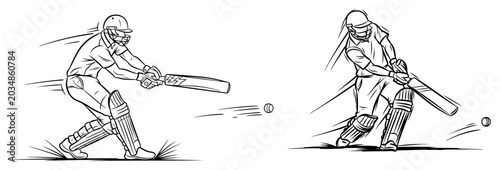 Bilde på lerret Cricket players batting illustrations with dynamic action poses in sketch style