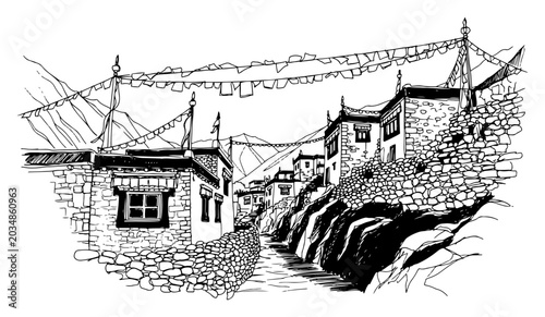 Foto Himalayan mountain village with traditional stone houses and prayer flags in han