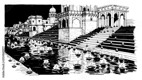 Foto Holy river ghat in India with floating diya lamps and ritual steps in hand drawn