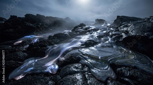 Surreal ethereal blue glowing liquid flowing over dark volcanic basalt rocks at night under a misty moonlit sky.