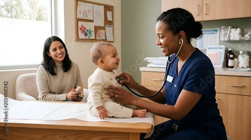 Pediatrician Examining Baby with Mother in Medical Office