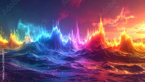 Aurora borealis dancing over snowy mountain peaks.